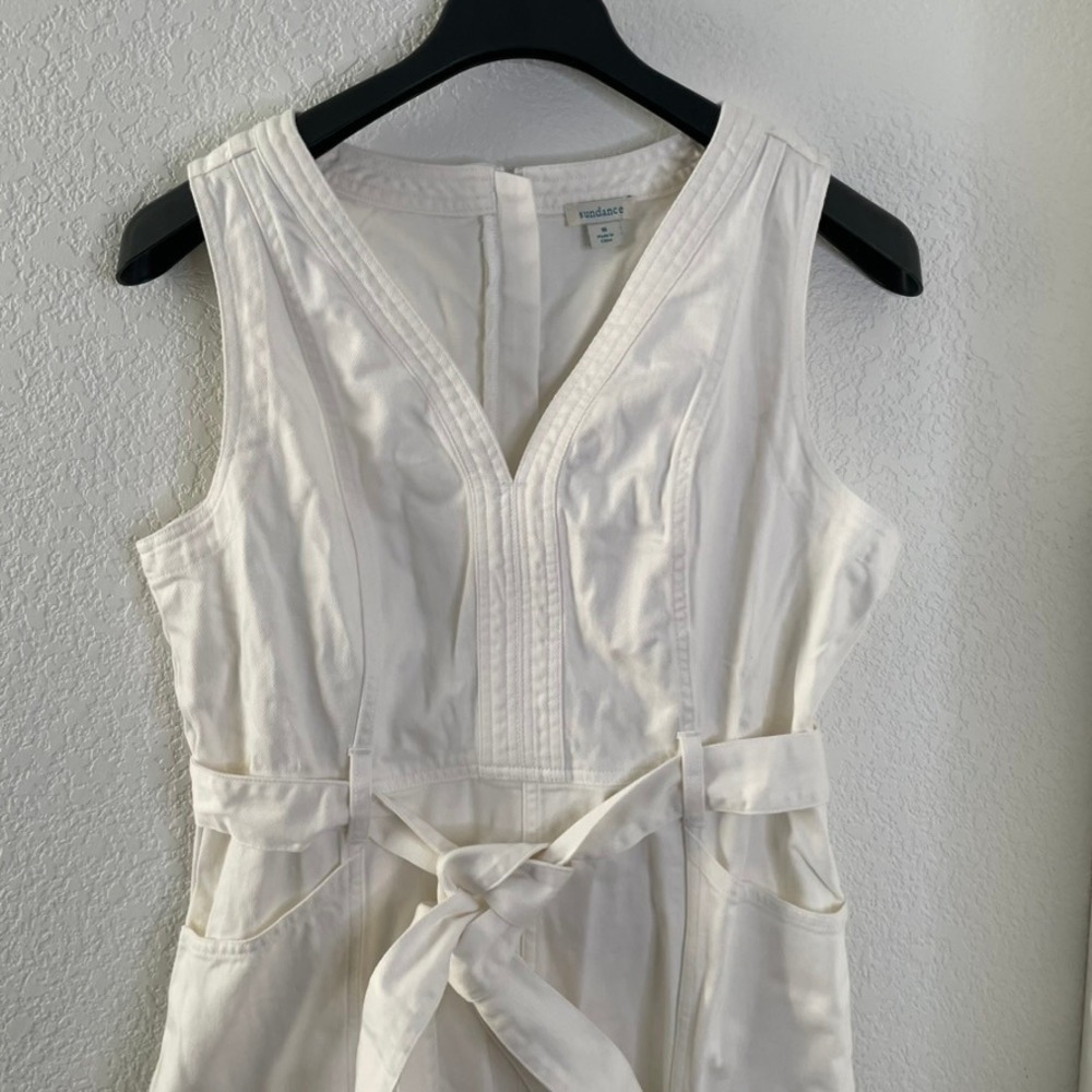 Sundance White Denim Dress Size 16 Sleeveless V Neck Midi with Belt Pockets - Picture 2 of 14
